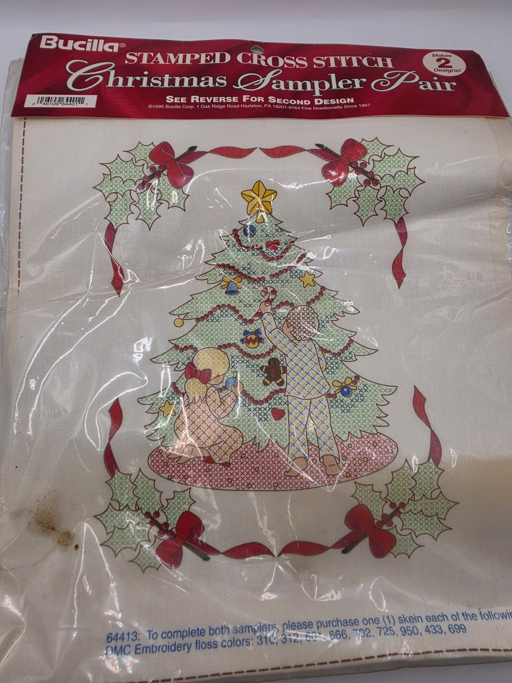 Vintage Bucilla Stamped Cross Stitch Christmas Sampler Pair - Red & Green #66413